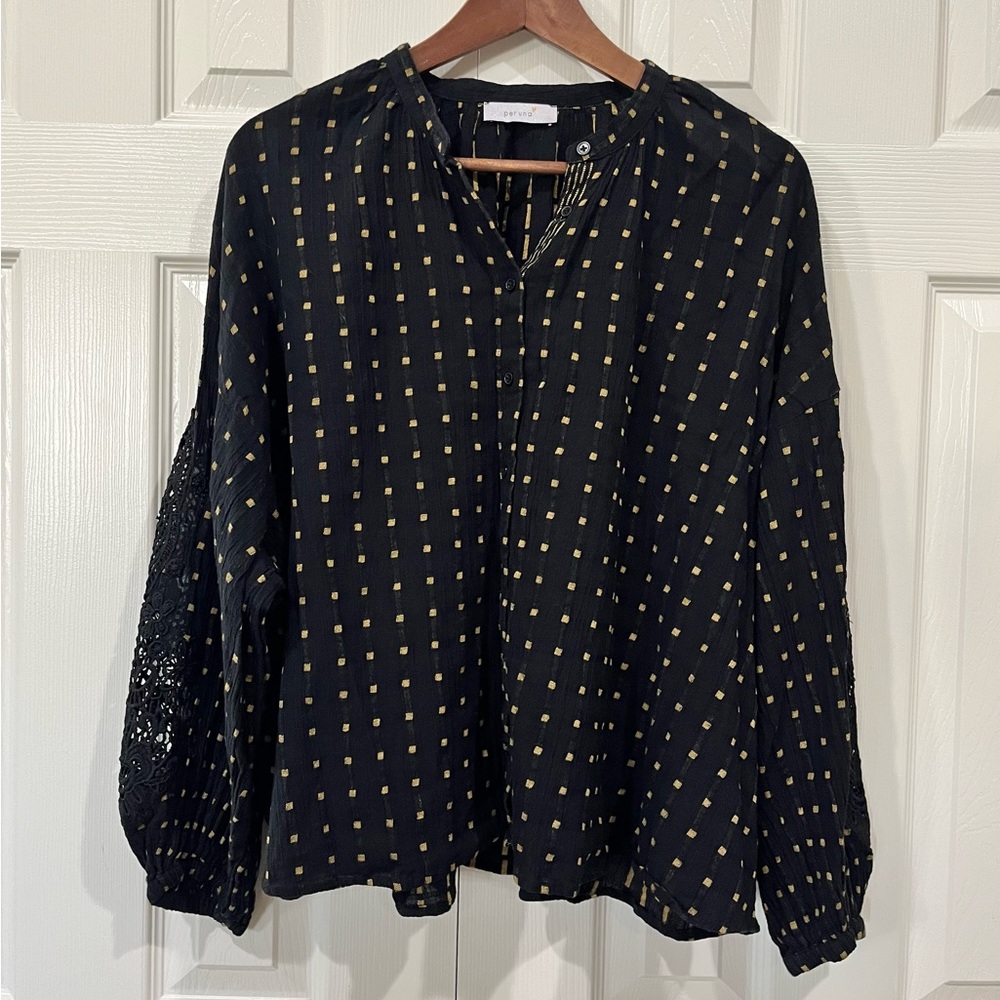 M&S Per Una Blouse with Lace Crochet Sleeves Black Gold Size US 10